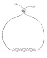 Cubic Zirconia Multible Hearts Adjustable Bolo Bracelet in Silver Plate