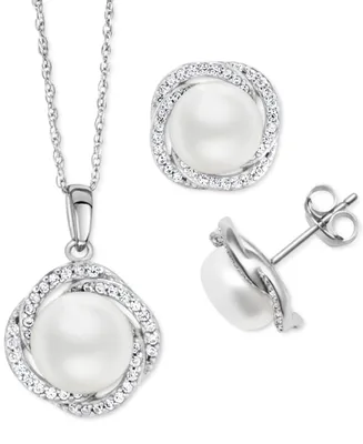 2-Pc. Set Cultured Freshwater Pearl (9mm) & White Zircon (1-1/5 ct. t.w.) Pendant Necklace & Matching Stud Earrings in Sterling Silver