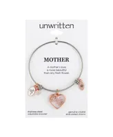 Rose Gold Two-Tone Stainless Steel Crystal "Mother" Heart and Flower Bangle Bracelet