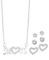 Silver Plated Cubic Zirconia Pave Mom Heart Necklace with Three Piece Earring Set