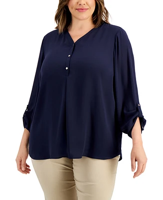Jm Collection Plus V-Neck Roll-Tab Utility Top, Created for Macy's