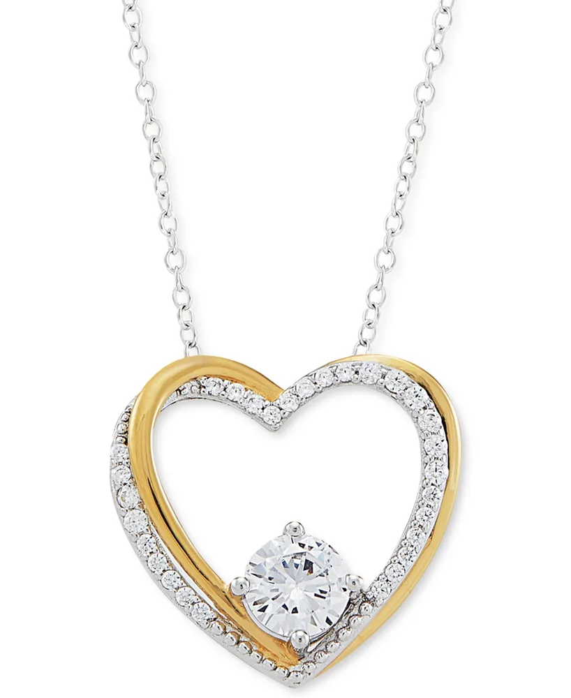 Cubic Zirconia Heart 18" Pendant Necklace in Sterling Silver & 14k Gold-Plate