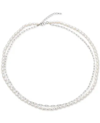 Cultured Freshwater Pearl (4-4-1/2mm) & Paperclip Chain Layered Necklace 17"+ 1-1/2" extension, in Sterling Silver