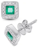 Emerald (3/8 ct. t.w.) & Diamond (1/8 ct. t.w.) Square Halo Stud Earrings in 14k White Gold