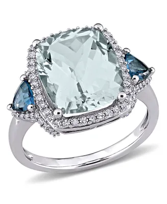 Aquamarine (5 ct. t.w.) Blue Topaz (3/5 and Diamond (1/3 3-Stone Halo Ring 14k White Gold