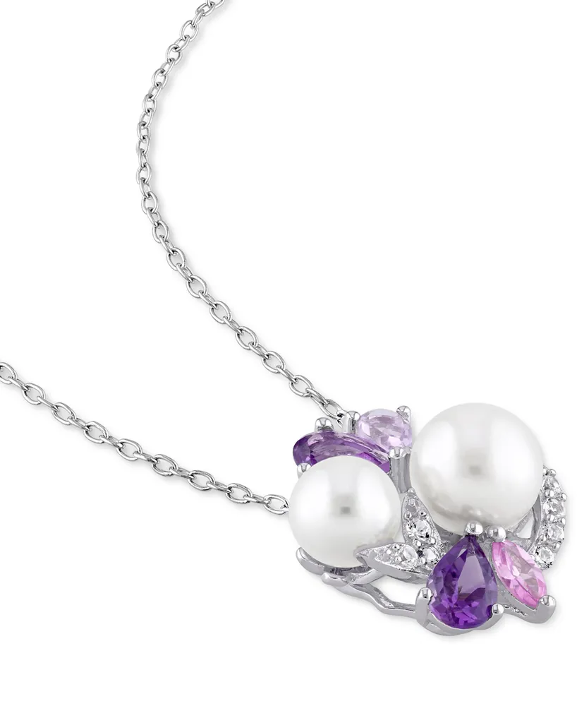 Cultured Freshwater Pearl (6-1/2 & 7-1/2mm) & Multi-Gemstone (1-3/8 ct. t.w.) Cluster 18" Pendant Necklace in Sterling Silver