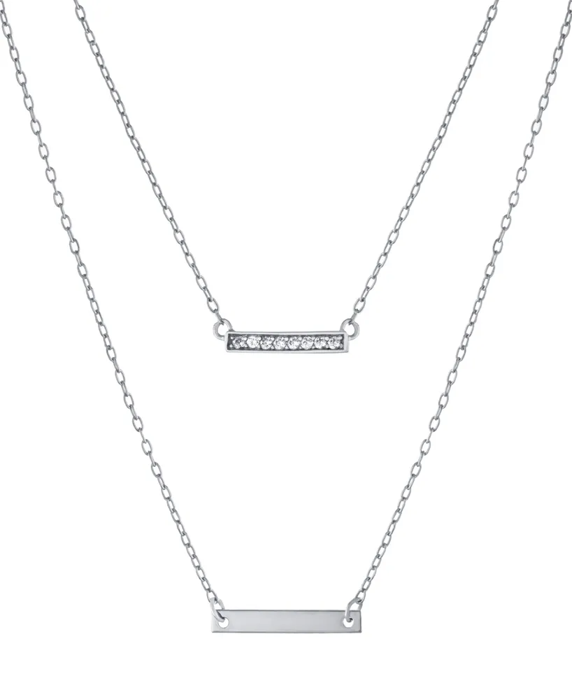 Double Layered 16" + 2" Cubic Zirconia Double Bars Chain Necklace in Sterling Silver