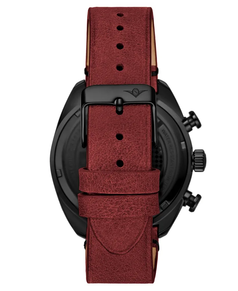 Men's Chrono Red Genuine Leather Strap Watch with Tachymeter 44mm