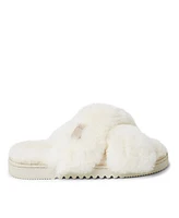 Fireside By Dearfoams Women's New Castle Genuine Shearling Cross Band Slides
