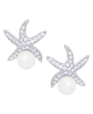 Genuine Freshwater Pearl Cubic Zirconia Starfish Stud Earrings in Silver Plate