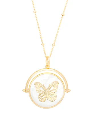 Mother of Pearl Cubic Zirconia Butterfly Pendant 18" Necklace in Gold Plate