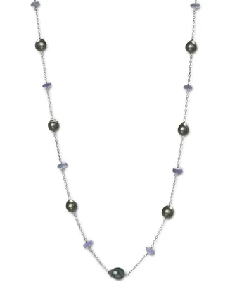 Cultured Tahitian Pearl (9mm) & Tanzanite (3 ct. t.w.) 24" Statement Necklace in Sterling Silver
