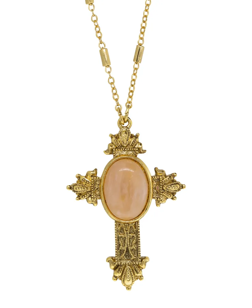 14K Gold Dipped Oval Semi Precious Genuine Rose Quartz Cross Necklace