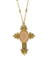 14K Gold Dipped Oval Semi Precious Genuine Rose Quartz Cross Necklace