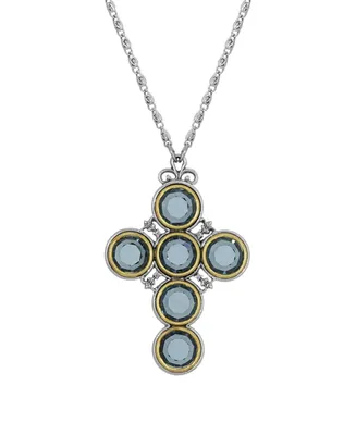 Pewter Cross with Round Blue Crystal Necklace