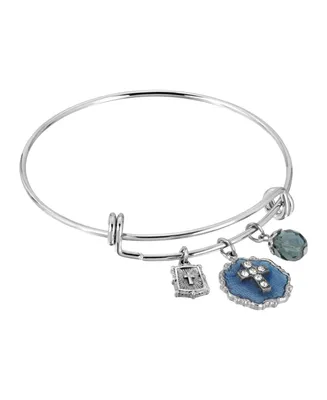 Silver-Tone Blue Enamel Crystal Cross Beaded Slide Charm Bracelet