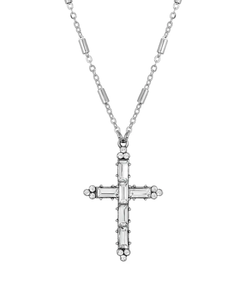 Pewter Crystal Cross Silver-Tone Chain Necklace