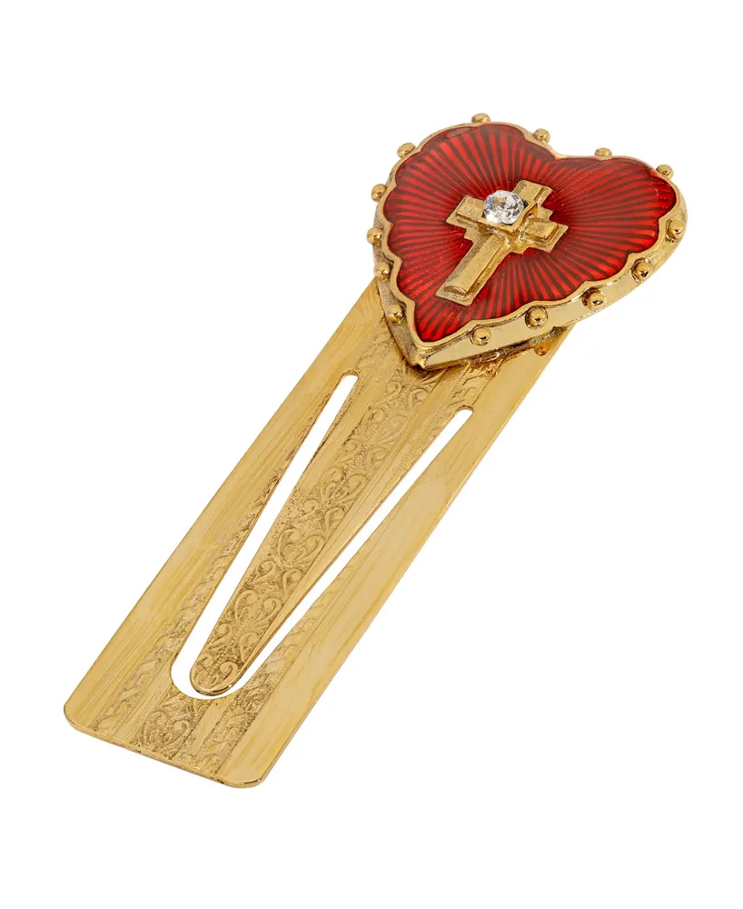 14K Gold-Dipped Red Enamel Heart and Cross Bookmark