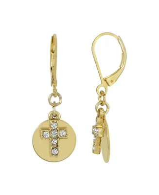 14K Gold Dipped Carded Crystal Cross with Round Disc Euro Wire Earrings