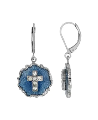 Silver-Tone Blue Enamel Crystal Cross Round Earrings