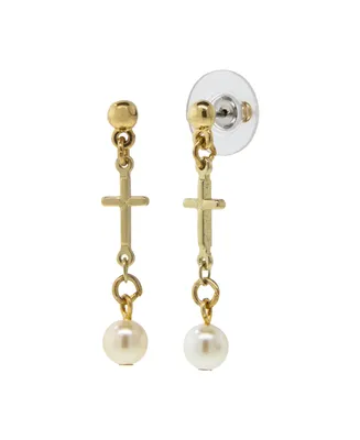 14K Gold Dipped Cross Drop Imitation Pearl Earrings