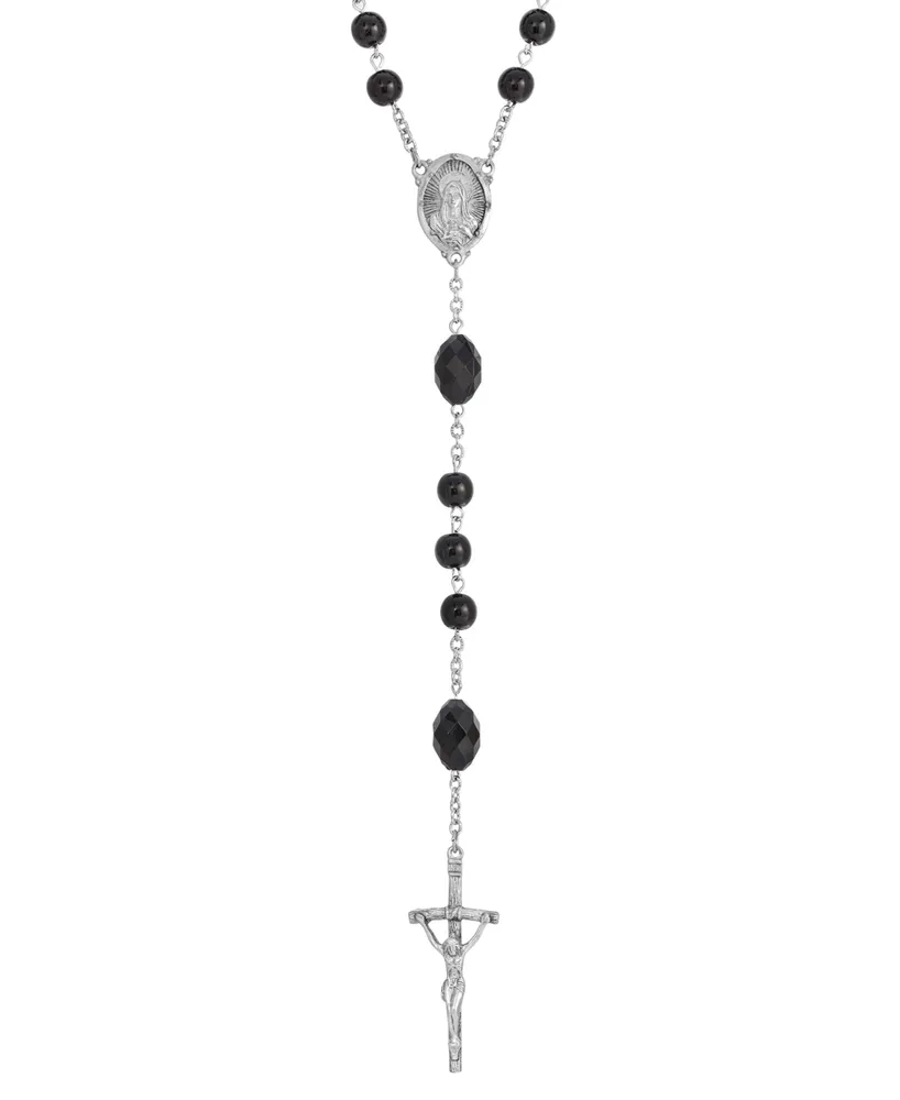 Silver-Tone and Black Bead Papal Rosary - Silver