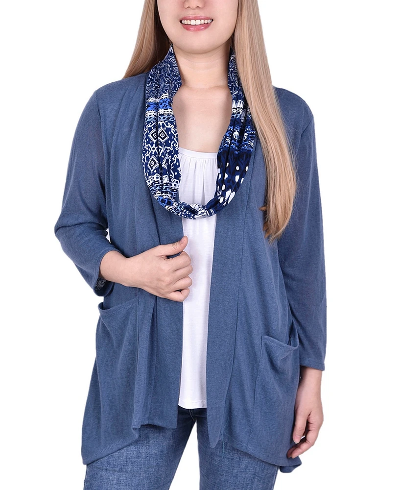 Women's Cardigan with Inset and Detachable Printed Scarf