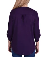 Women's 3/4 Sleeve Roll Tab Pin Tucked Front Pullover