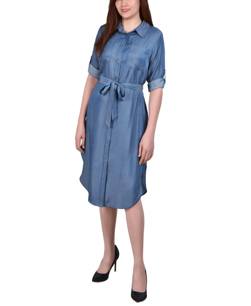 Ny Collection Petite 3/4 Roll Tab Sleeve Denim Dress