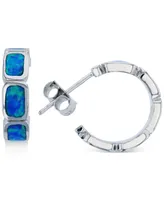 Lab-Created Blue Opal Inlay Brick Small Hoop Earrings in Sterling Silver, 0.6"