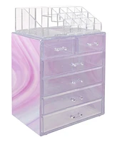 Sorbus 2 Piece Acrylic Makeup and Jewelry Storage Organizer Case (6 Drawers and Lipstick Tray) - Tie Dye Pink
