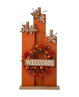 Glitzhome 30" H Fall Lighted Wooden Pumpkin Decor with Wreath