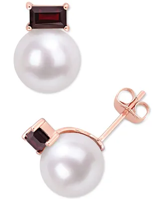 Cultured Freshwater Pearl (9mm) & Rhodolite Garnet (3/4 ct. t.w.) Stud Earrings in 14k Rose Gold