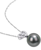 Black Cultured Tahitian Pearl (9-1/2mm) & Diamond (1/20 ct. t.w.) Heart 17" Pendant Necklace in 10k White Gold