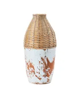 Tall Hand-Woven Rattan and Clay Vase with Distressed Finish, Natural and White