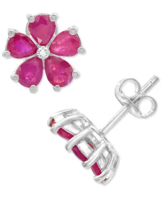 Lab-Grown Ruby (3-1/8 ct. t.w.) & Diamond Accent Flower Stud Earrings in Sterling Silver