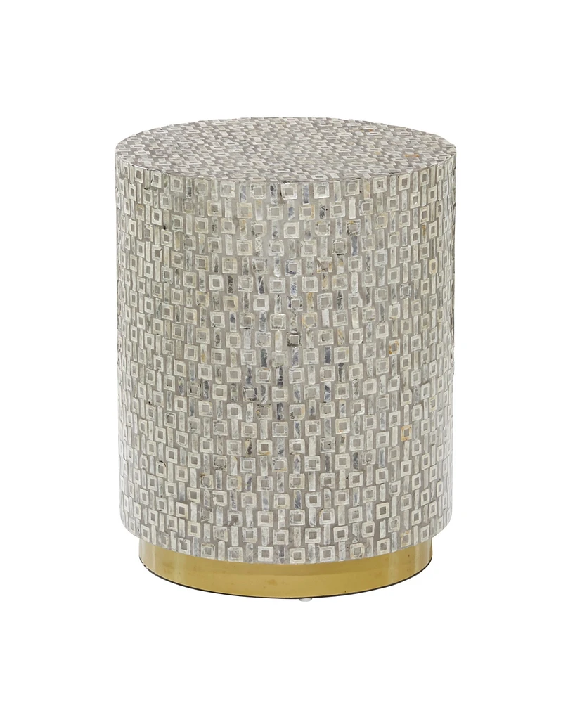 Rosemary Lane Mother of Pearl Drum Accent Table with Linear Mosaic Pattern and Gold Base