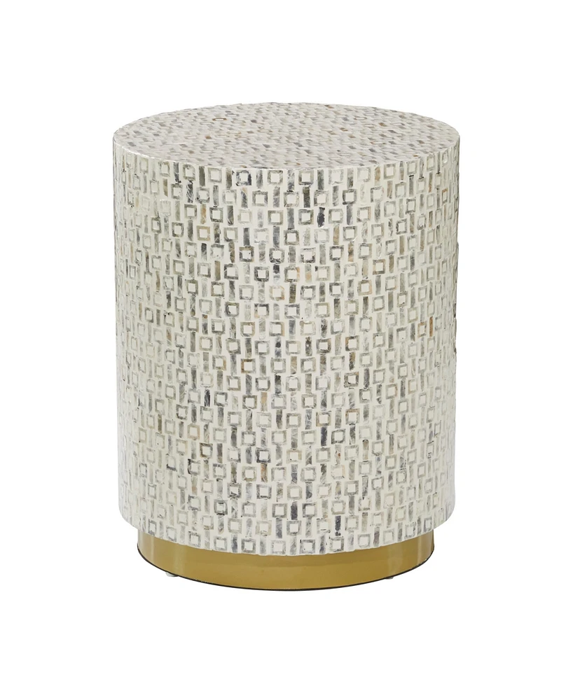 Rosemary Lane Mother of Pearl Drum Accent Table with Linear Mosaic Pattern and Gold Base