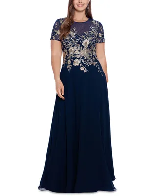 Betsy & Adam Plus Size Beaded Embroidered Gown