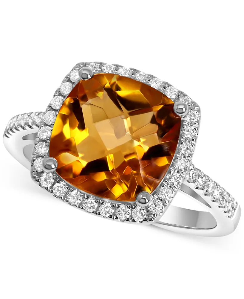 Citrine (3-1/2 ct. t.w.) & Diamond (1/4 ct. t.w.) Halo Ring in 14k White Gold