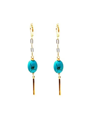 Women's Bar Drop Earrings with Turquoise Stones - Gold