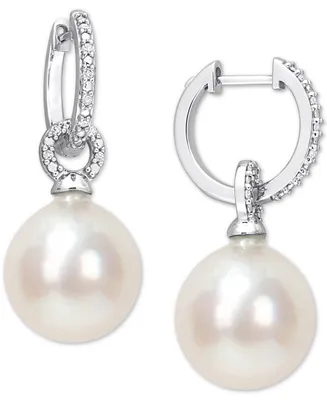 Cultured South Sea Pearl (12mm) & Diamond (1/10 ct. t.w.) Huggie Hoop Earrings in 14k White Gold