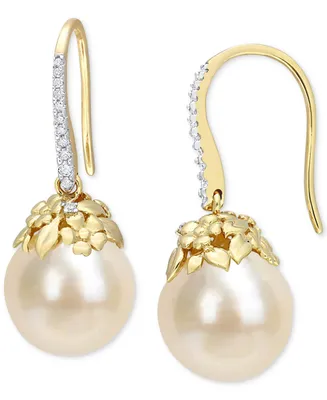 Cultured South Sea Pearl (9-10mm) & Diamond (1/8 ct. t.w.) Drop Earrings in 14k Gold