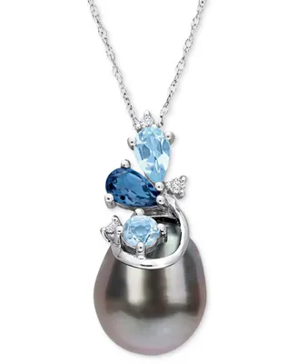 Cultured Tahitian Pearl (9-10mm), Blue Topaz (5/8 ct. t.w.), & Diamond Accent 17" Pendant Necklace in 14k White Gold