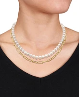 Cultured Freshwater Pearl (7-7-1/2mm) & Paperclip Link Layered 18" Statement Necklace in 18k Gold-Plated Sterling Silver