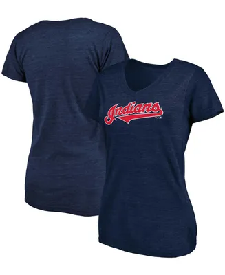Women's Heathered Navy Cleveland Indians Wordmark Tri-Blend V-Neck T-shirt