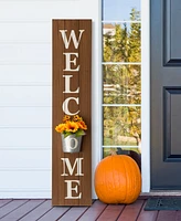 Glitzhome 42"H Wooden White Welcome Porch Sign with Metal Planter