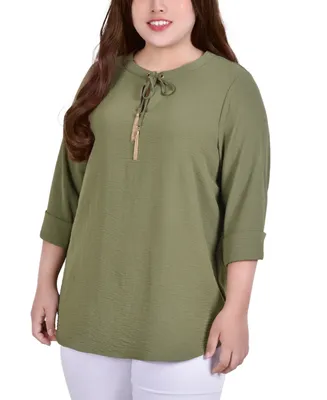 Plus Size Long Sleeve Tie Neck Blouse with Tassels