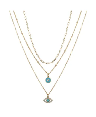 Silver Plated 3-Pieces Turquoise Crystal Evil Eye Layered Pendant Necklace Set - Gold