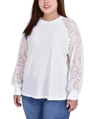 Plus Size Knit Crepe Top with Long Lace Balloon Sleeves